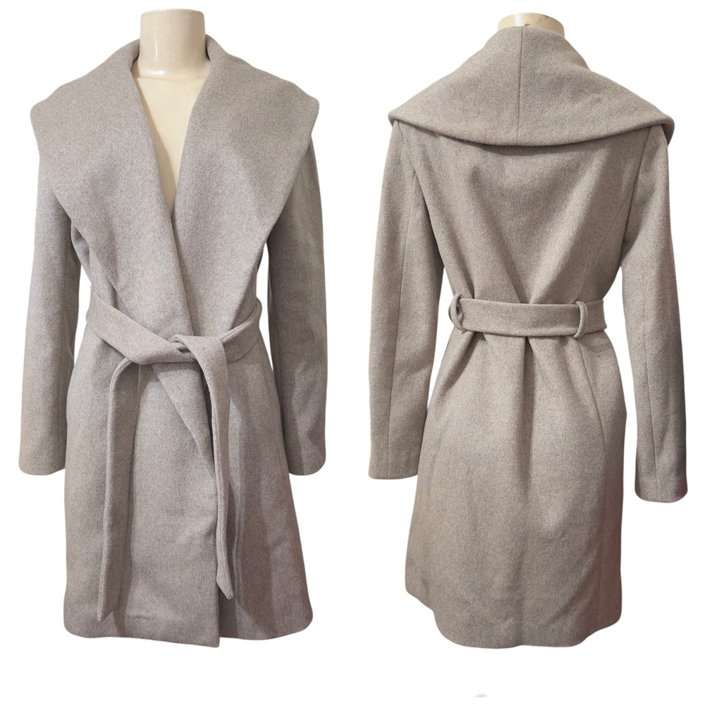Ann Taylor Wool Blend Shawl Collar Wrap Belted Coatβ Heather Oatmeal Tan Small